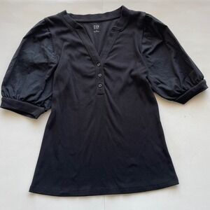 GAP Ribbed Henley Puff Sleeve Knit Top‎ Fitted Blouse V-Neck Black Medium Soft
